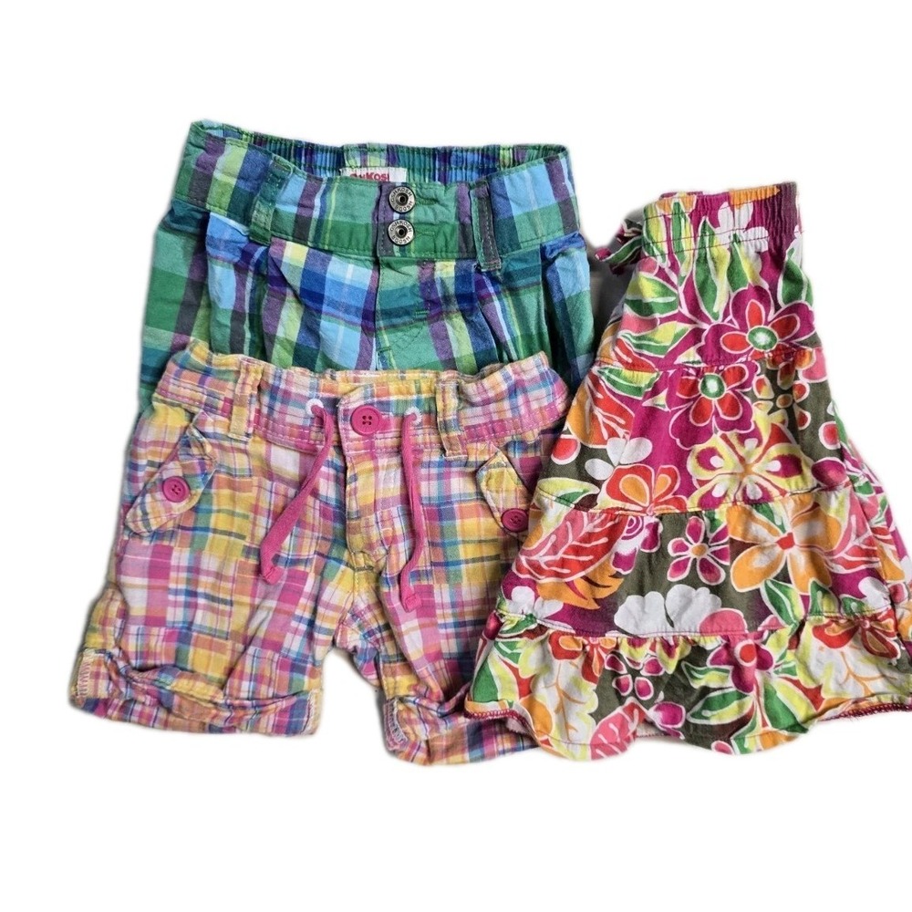Oshkosh B'gosh Girls Vintage Y2K Tiered Skirt Shorts 3 T Floral Plaid Lot Of 3